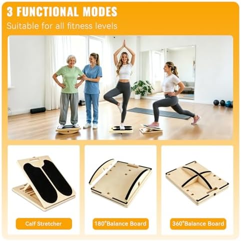 3-in-1 Slant Board for Calf-Stretching, 360° Balance Board - Wooden Incline Wedge Stretcher for Squats, Foot & Ankle Mobility, Portable Fitness Equipment, Balance Block for Heel Stretch