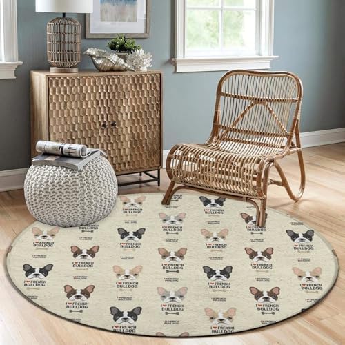 Large Home Decor Mat, Soft Round Yoga Carpet, Non Slip Machine Washable Kitchen Office Circle Rug I Love French Bulldog, 60inch