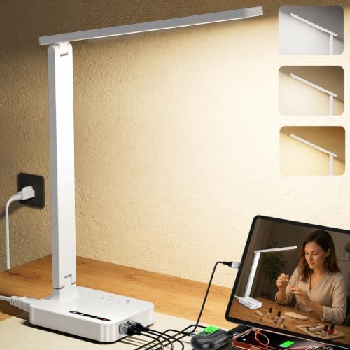 cozoo LED Desk Lamp for Dorm Office, USB-C,AC Outlet, Reading Light, White