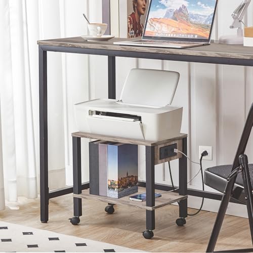 HOOBRO 2-Tier Printer Stand with Charging Station, Under Desk Printer Table, Printer Cart with Storage Shelves, Shelf for Small Spaces, for Home Office, Greige and Black BG38UPS01