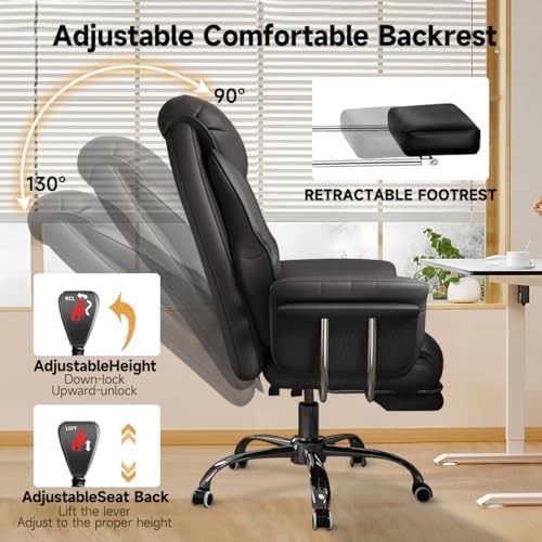 Big and Tall Office Chair 550 lbs Extra Wide Leather Executive Chair with Retractable Footrest, Heavy-Duty Ergonomic Chair, Adjustable Height Computer Gaming Chairs