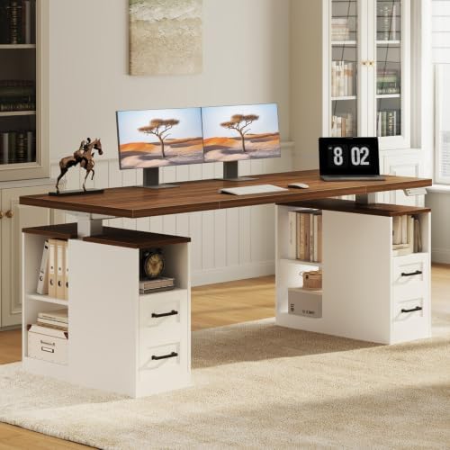 OffiGo 63 Inch Farmhouse Standing Desk with Storage Drawers, Walnut White