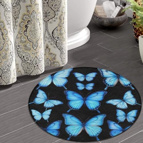 Fashion Round Area Rug Large Non Slip Carpet Unisex Home Decor Mat Butterfly Blue