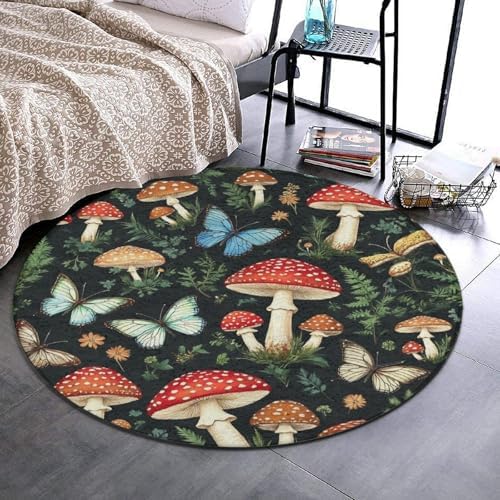 Men's Large Home Decor Mat, Soft Round Yoga Carpet, Non Slip Machine Washable Home Office Circle Rug Butterfly Mushroom Gifts