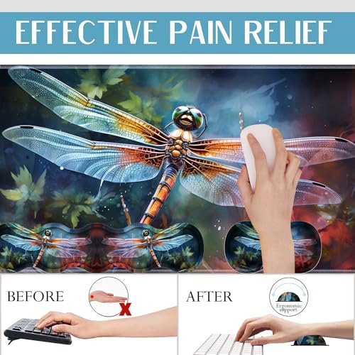 4 in 1 Mouse Pad Combo, Large Gaming Mouse Pad + Keyboard Wrist Support + Mouse Wrist Rest + Coaster, Table Pad with Stitched Edge Ergonomic Wrist Pad Set, Art Dragonfly