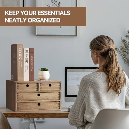 KIRIGEN Wood Desk Organizer with 4 Drawers, Desktop Storage, Brown 34-DBR