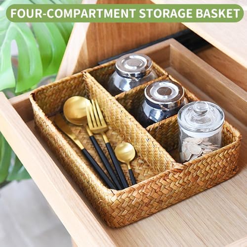 Nonam 4-Section Seagrass Tea Bag Organizer,Wicker Divided Basket,Natural
