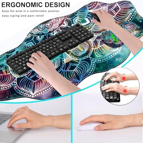 Mouse Pad with Wrist Support + Desk Mat + Coaster 3 in 1 Set, XXL Large Gaming Mousepad Ergonomic Mouse Pads for Desk Computer Laptop Office,Mandala in Galaxy