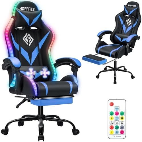 HOFFREE Gaming Chair with LED RGB Lights Massage Video Gamer Chairs with Footrest Ergonomic High Back Reclining Computer Chair with Adjustable Lumbar Support Blue and Black