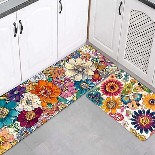 Kitchen Mats for Floor, 2PCS Waterproof Cushioned Non-Slip Anti Fatigue Rugs for Kitchen,Washable Comfort Absorbent Kitchen Mat Set for Laundry Sink Office Farmhouse Home