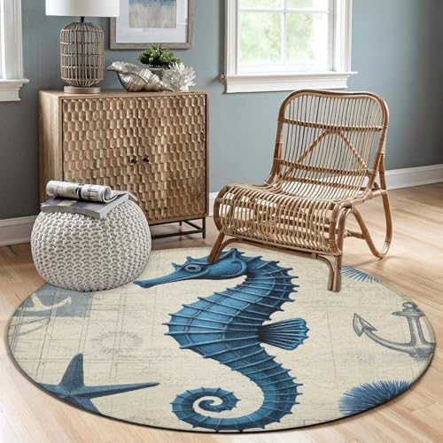 Women's Large Home Decor Mat, Soft Round Yoga Carpet, Non Slip Machine Washable Home Office Circle Rug Sea Horse