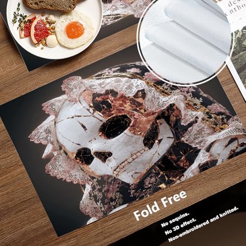Batmerry Porcelain Skeleton Lace Linen Placemats Set of 4, Cracked Gilded Floraldecorated Washable Table Mats for Kitchen Table Thickened Heat Insulation Dining Set Indoor Outdoor 12X18 in