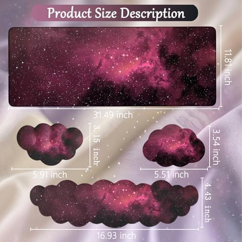 Cloud Mouse Pad Keyboard Wrist Rest 4PCS Extended Large Galaxy Desk Mat Pad Set Memory Foam Non-Slip Cute Ergonomic Gaming Mouse Pad Wrist Support for Computer Laptop Home Office Black Pink