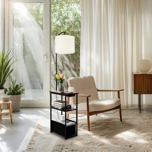 Qupui Floor Lamp with Table, USB Charging, Fabric Basket, Brown
