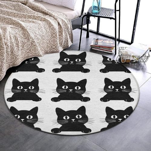 Soft Round Yoga Carpet, Large Home Decor Mat, Non Slip Machine Washable Kitchen Office Circle Rug Black Cat
