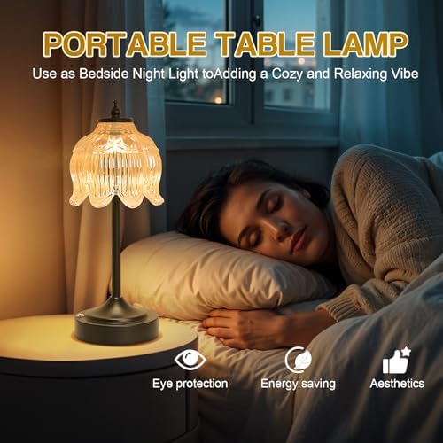 Cordless Table Lamp, Rechargeable Amber Glass Lotus Flower Lamp