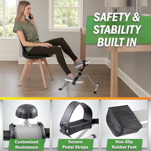 Under Desk Exercise Bike Pedal Exerciser – Mini Stationary Cycle with Adjustable Resistance, Calorie Tracker & Foldable Design – Compact Pedal Machine for Home, Office, or Physical Therapy by Wakeman