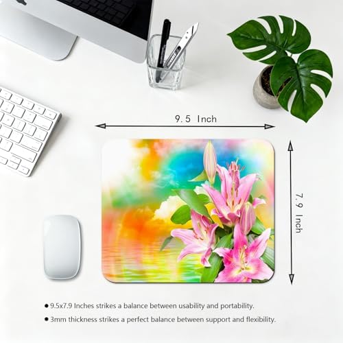 9.5x7.9 Inch Office/Gaming Mouse Pad, Vibrant Pink Lilies Blooming Flowers Under Sunlight Spectacular Colorful Scenery Cute Anti-Slip Mat for Desk