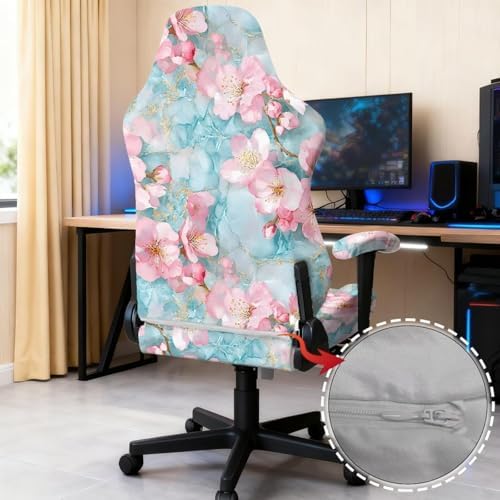 Cherry Blossom Marble Print Gaming Chair Cover for Cats Washable Non Slip Furniture Protector Stretch Gamer Chair Slipcover with Armrest Covers