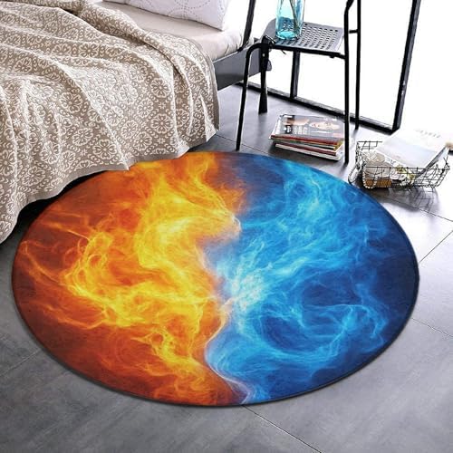 Women's Large Home Decor Mat, Soft Round Yoga Carpet, Non Slip Machine Washable Home Office Circle Rug Red Blue Ice Fire