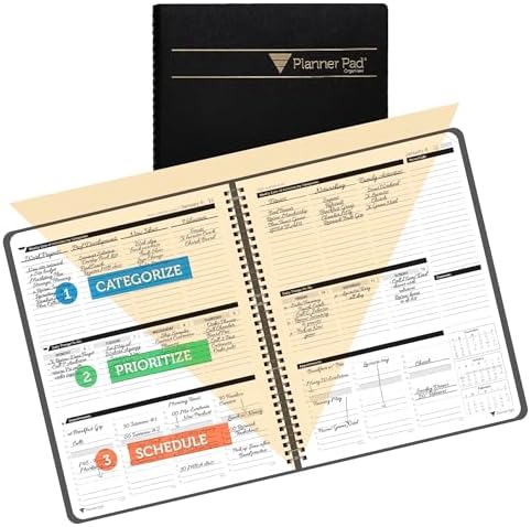 Planner Pad Spiral Bound January-December 2025/ Calendar Year 8 1/2" x 11" Large 3-Tier Funnel Down 12 Month Organizer, Black Cover/Black Ink