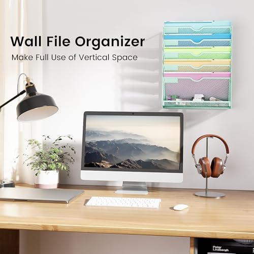 Hanging Wall File Organizer, 6-Tier Desk Organizer with Metal Mesh