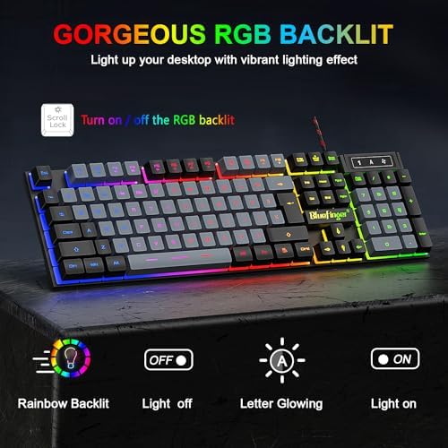 BlueFinger RGB Gaming Keyboard and Backlit Mouse Combo, USB Wired, LED Gaming Set for Laptop PC Computer Game and Work(Black & Gray)