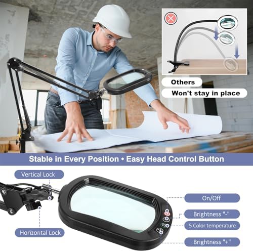 10X Large Magnifying Glass with Light and Clamp, Real Glass, 5 Color Modes, Stepless Dimmable, Lighted Magnifier with Stand Hands Free, LED Swing Arm Desk Lamp for Close Work, Craft, Reading, Painting