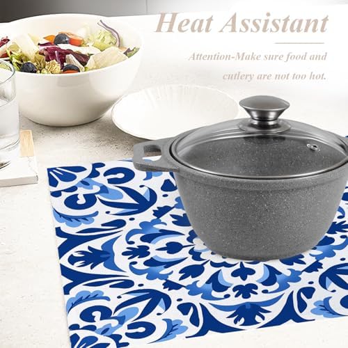 Shrahala Blue White Set of 4 12 X 18 Inch Linen Placemats, Delicate Floral Burlap Table Mat Washable Double Layered Heat Insulation for Indoor/Outdoor