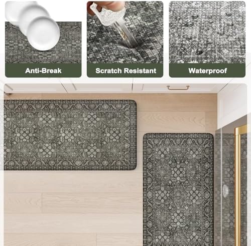 KIMODE Anti Fatigue Kitchen Mat 2PC,Waterproof Farmhouse Green Kitchen Rugs
