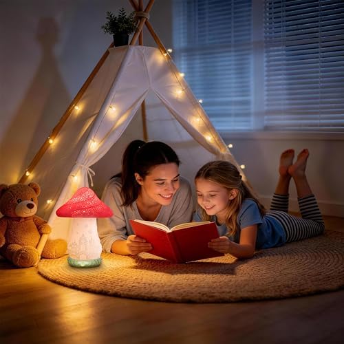 Cordless Mushroom Lamp - Rechargeable Touch Lamp for Nightstand, 3 Color Temperature Bedside Lamp with Rotating Castle Shade, Battery Operated Small Lamp for Bedroom, Nursery, Kids Room