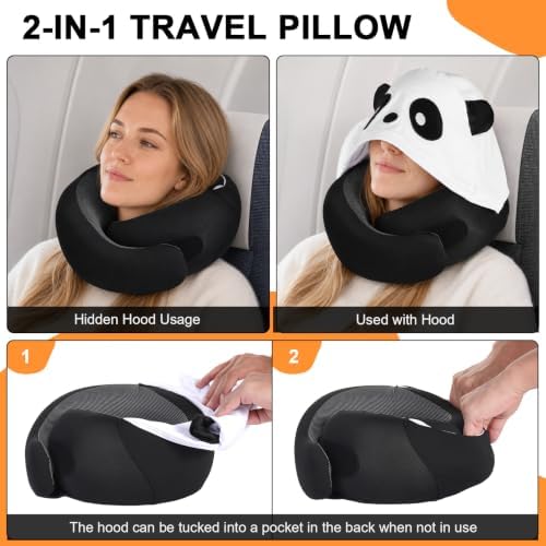 Travel Pillow - Hooded Neck Pillow Airplane Memory Foam Filling