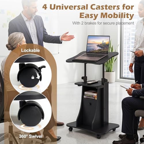 Tangkula Rolling Lectern Podium Stand, Height Adjustable Laptop Table with Tilting Tabletop & Storage Shelves, Compact Standing Desk with Lockable Casters for Home Office School (Black)