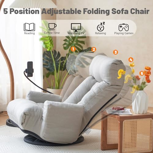 360° Swivel Gaming Floor Chair, 5 Position Adjustable Folding Sofa Chair with Armrests & Phone Holder, Cushion Padded Indoor Chaise Lounge for Adults, Home Office Floor Leisure Chairs, Grey