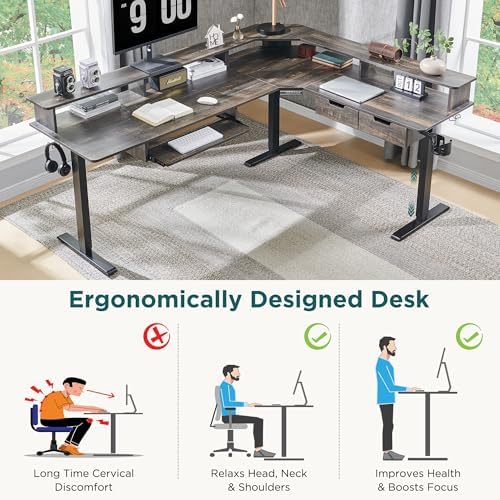 RedLemon 75x60 Inches L Shaped Electric Standing Desk, Dark Rustic Oak