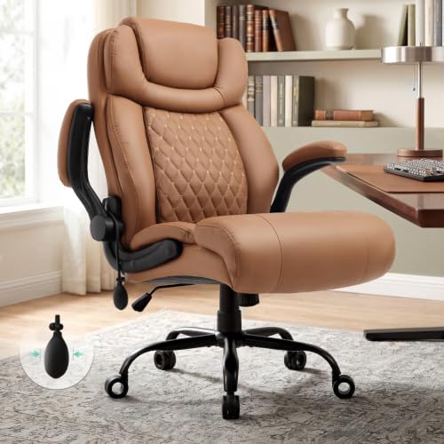 500LBS Big and Tall Executive Office Chair with Adjustable Lumbar Support,Extra Wide Seat for Ergonomic Computer Desk Chair Flip-up Arm,Home Office Chair Spring Cushion Upgraded Metal Base, PU Brown