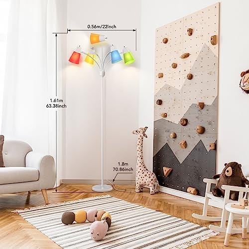 FOLKSMATE Floor Lamp, Medusa Multi Head Modern Tall Standing Light Fixture, Rustic Adjustable LED Reading Light for Living Room, Bedroom, Kids 5 White & Colored Lamp Shades, White