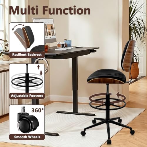 CLATINA Drafting Chair for Standing Desk, PU Leather Armless Tall Office Chairs with Adjustable Footrest Ring, Extended Height Ergonomic High Swivel Computer Chair with Bend Wood Backrest, Black, 8PK