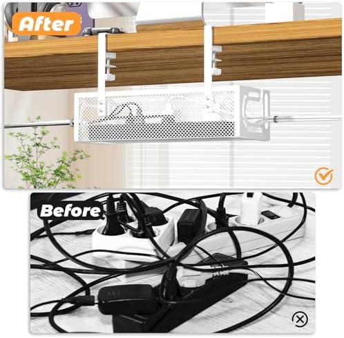 Under Desk Cable Management Tray, 15.7'' No Drill Steel Desk Cable Organizers, Wire Management Tray Cable Management Rack (2 Packs-White)