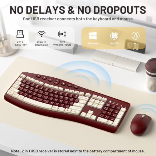 Wireless Keyboard and Mouse Combo Silent Ergonomic Curved Design for Office
