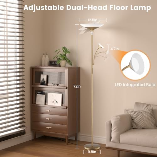 SIBRILLE Gold Torchiere Floor Lamp - 2 Way LED Standing Lamp with Reading Light, Dimmable 72'' Tall Lamp with Remote Color Changing, 34W Mordern Uplighter for Living Room Bedroom Office