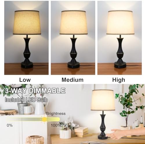 LALISU Touch Table Lamps Set of 2, Farmhouse Table Lamp with USB Charge