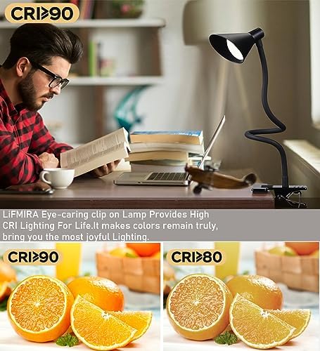 LiFMIRA Clip on Light USB Reading Light Desk Lamp 3 Color Modes Black