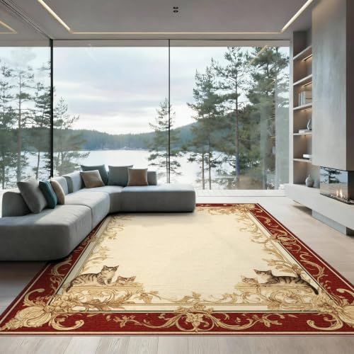 8'x10' Ivory Cat Crimson Motif with Swirls Washable Area Rug