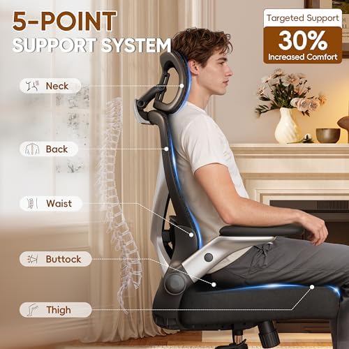 GABRYLLY Ergonomic Office Chair with Headrest, High Back Desk Chair with Flip-Up Arms, Adjustable Lumbar Support, Padded Cushion Computer Chair with 3-Stage Tilt Lock for Home Office Gaming Study