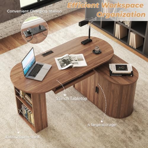 HSH L Shaped Office Corner Desk with Storage Cabinet Walnut 55 Inch