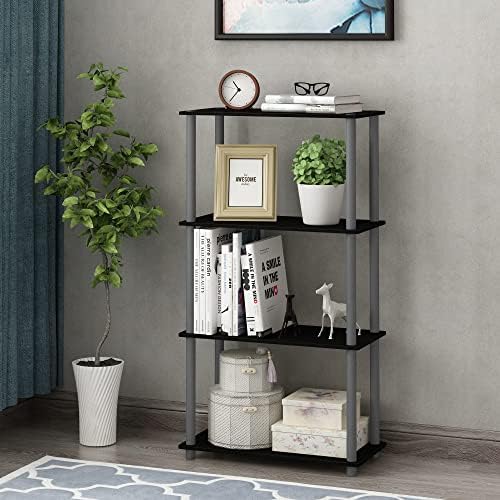 Furinno TURN-N-TUBE Storage Shelves, 4-Tier Toolless Book Shelf, Corner Shelf, Toolless Open Shelves, for Organization and Storage, Living Room, Garage, Home Office, Black