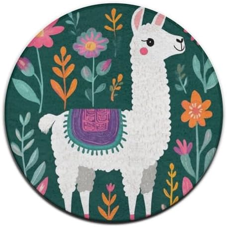 Fashion Round Area Rug Large Non Slip Carpet Unisex Home Decor Mat Alpaca Botanical Boho Bohemia Llama