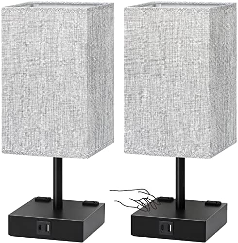 Bedside Table Lamps Set of 2 - Touch Nightstand Lamp for Bedroom with USB C+A Charging Ports & AC Outlets, 3-Way Dimmable Desk Lamp Grey Fabric Shade for Bedroom Living Room, Office(Bulb Included)
