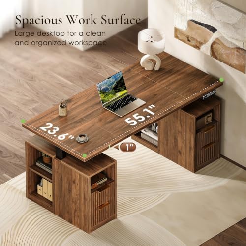 OffiGo Fluted 55 Inch Electric Standing Desk with 2 Storage Cabinet, Walnut